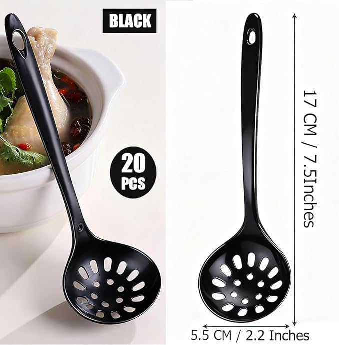 Large Plastic Serving Spoons,Disposable Heavy Duty Serving Spoons,Long Handle Scoop Soup Rice Ladle for Party Catering Buffet Restaurant,20 Pieces (Black Colander)