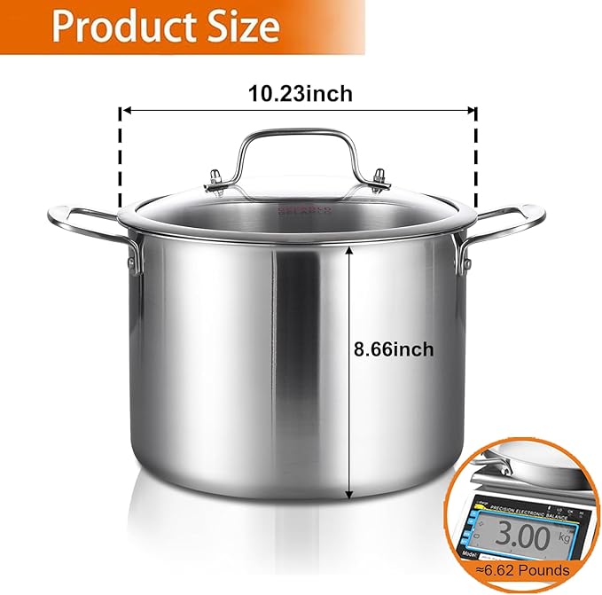 DELARLO Tri-Ply Stainless Steel Soup Pot 12QT, Tri-ply Big Pots for Cooking, 18/10 whole clad Stainless Steel Pot, Fast Even Heat, 12 QT Stock cookware with Lid, Pasta Pot, Induction Ready Up to 600℉