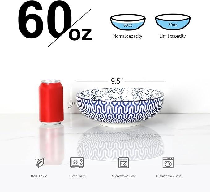 Selamica 9.5" Serving Bowls, 60 OZ Large Salad Bowls Set of 3 for Entertaining Party, Ceramic Bowls for Kitchen, Pasta, Soup, Dinner, Vintage Blue