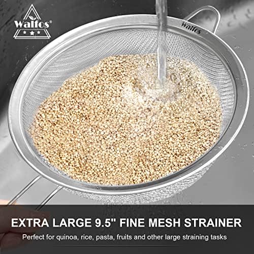 Walfos Extra Fine Mesh Strainer Set of 4-9.35", 6.95", 4.6", 2.7", Stainless Steel 30 Mesh Sieve with Sturdy Handle, Kitchen Food Strainers Sifters for Quinoa, Pasta, Fruits, Vegetables, Rice, Tea