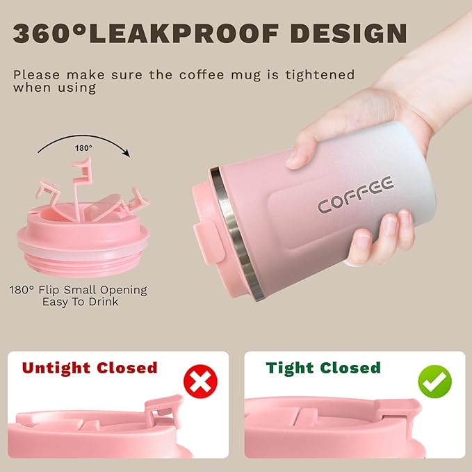 Travel Coffee Mug Leak-Proof, Reusable Coffee Cups with Lids, Stainless Steel Vacuum Insulated Coffee Tumblers, Thermal Insulation Cup for Men and Women Hot & Cold Drinks(2nd-Pink White, 17OZ)