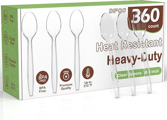 360pc 6.8" Clear Plastic Spoons Heavy Duty with Heat Resistant & BPA Free, Solid and Durable Plastic Cutlery, Premium Disposable Spoons for Party Supply