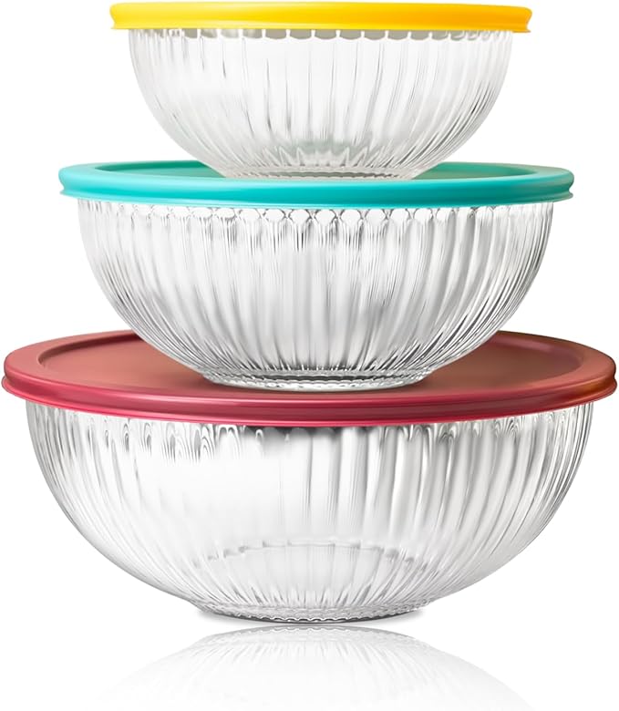 Sculpted 3 Pack Glass Mixing Bowls (1.1 QT, 2.1 QT, 3.7 QT) – Borosilicate Glass Bowls with Airtight BPA-Free Lids, Nesting Bowls for Baking and Prepping Food, Oven, Freezer & Microwave Safe