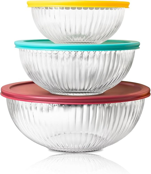 Sculpted 3 Pack Glass Mixing Bowls (1.1 QT, 2.1 QT, 3.7 QT) – Borosilicate Glass Bowls with Airtight BPA-Free Lids, Nesting Bowls for Baking and Prepping Food, Oven, Freezer & Microwave Safe