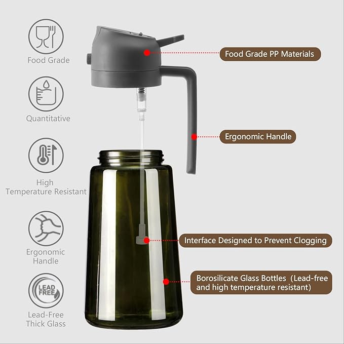 2PCS Olive Oil Dispenser and Oil Sprayer – 16oz/470ml Glass Light-Proof Oil Pourer for Kitchen Air Fryer, Cooking, Salad, and BBQ, with Stickers