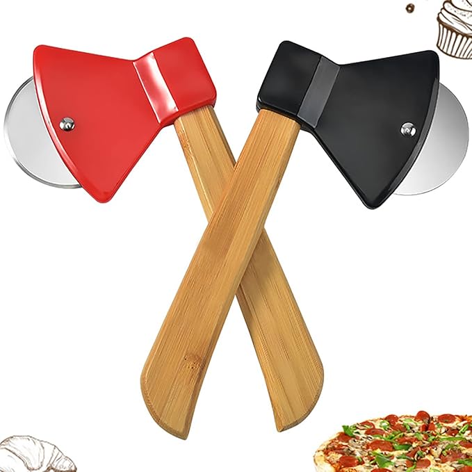 2Pcs Pizza Cutter Wheel, Axe Shaped Stainless Steel Pizza Knife With Bamboo Handles and Sharp Rotating Blades, Pizza Slicer Rolling Cutter for Pies, Cookies, Bread, Cakes (Black & Red)
