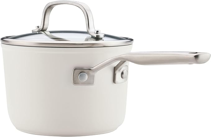 KitchenAid Hard Anodized Ceramic Induction Nonstick Cookware Saucepan with Lid, Dishwasher Safe, 2 Quart Non Stick Sauce Pan with Stainless Steel Handle - Porcelain White