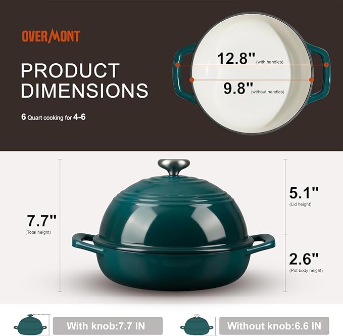 Overmont Enameled Cast Iron Bread Oven - 6QT Bread Dutch Oven for Sourdough Bread Baking - Bread Pot with Dome Lid Cotton Potholders & Cookbook - Multi-Functional Bread Pan For Baking Frying Roasting