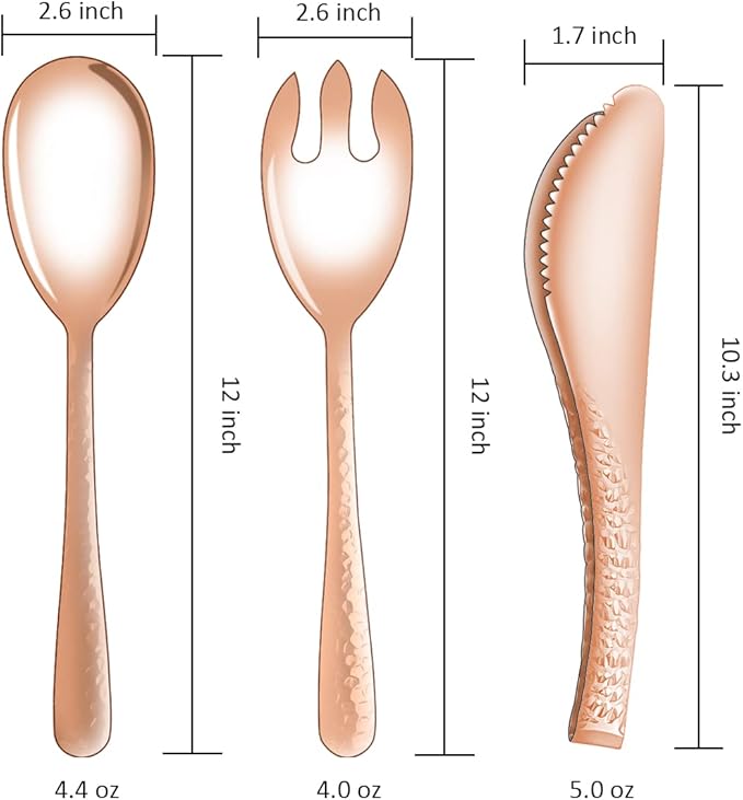 Salad Spoon and Fork Metal Tong Serving Set, Heavy Duty Hammered Finish 18/10 Stainless Steel Serving Utensils Large Salad Servers for Kitchen Party Buffet Supply (Rose Gold)