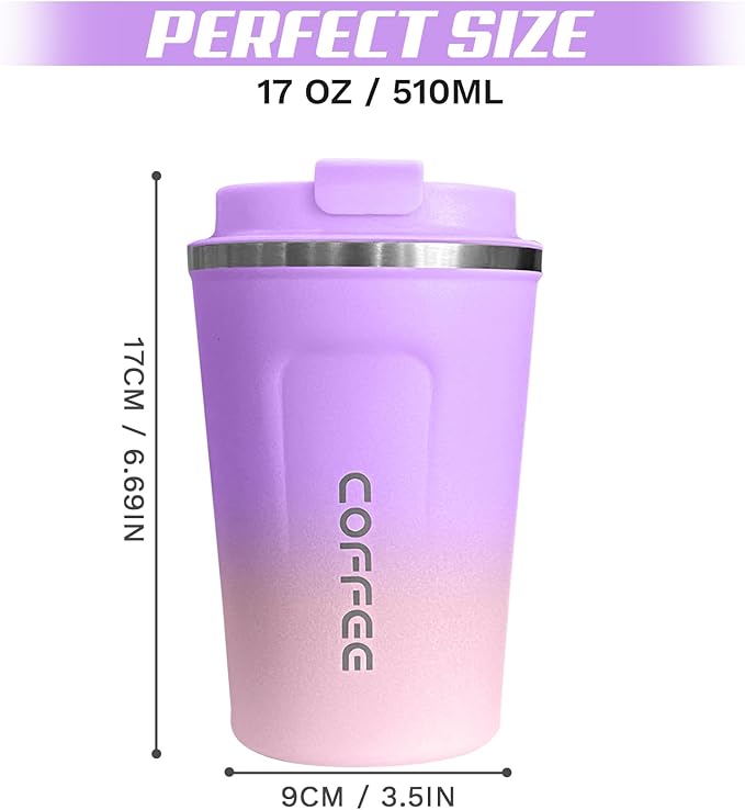 Travel coffee mugs leak-proof,coffee cups with lids, stainless steel vacuum insulated coffee tumblers, thermal insulation cups for men & women keep drinks hot & cold(2nd-Purple Pink, 17OZ)