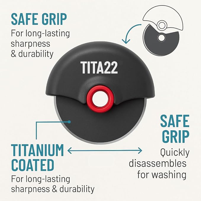 TITA22™ Titanium Coated Pizza Cutter Wheel – Ultra Sharp & Durable, Rust Resistant, Ergonomic Safe Grip Handle, Dishwasher Safe, Detachable Blade for Easy Cleaning – Professional Pizza Slicer