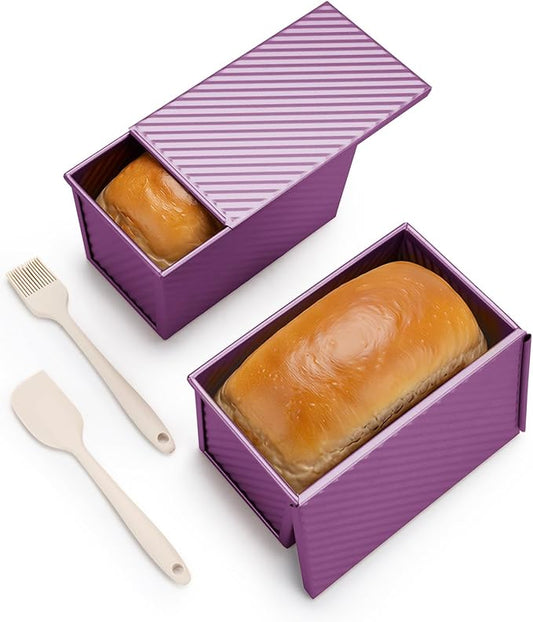 CARTMAN Bread Loaf Pan 2 Pack, 9x4 Pullman Loaf Pan with lid and a Silicone Spatula and Basting Pastry Brush, 1 lb Dough Capacity,Non-Stick Carbon Steel bread pans for homemade bread Plum Purple