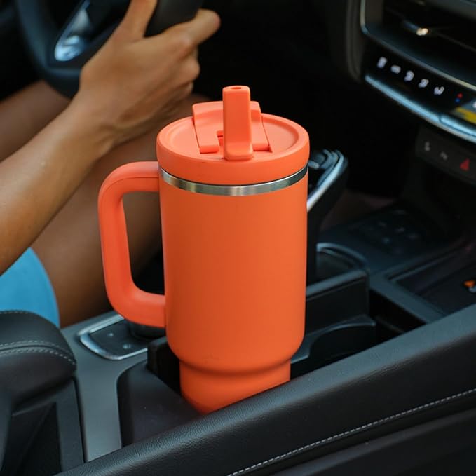 40 oz Tumbler with Handle and Straw: Stainless Steel Insulated Tumbler Keeps Cold for 24 Hours, Leakproof Travel Cup Fits in Cup Holder and BPA-Free,Moderate Orange