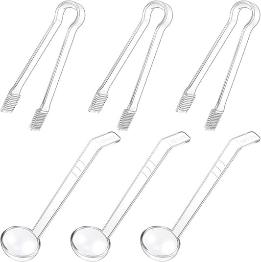 6 Pieces Plastic Serving Utensils Set Including 3 Pcs 1 oz Small Ladle and 3 Pcs Tong Acrylic Long Handle Ladle for Serving Sauce, Soup, Dressing, Punch Bowl, Gravy for Party Banquets Catering(Clear)