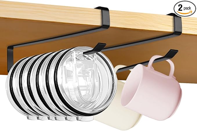 Tumbler Lid Organizer, 2 Pack Coffee Mug Holder for Yeti Tumbler Lid, Space Saving Mug Hanger Rack Holds Up to 12 Lids, Cup Holder Under Cabinet, Water Bottle Lid Holders for Kitchen Storage