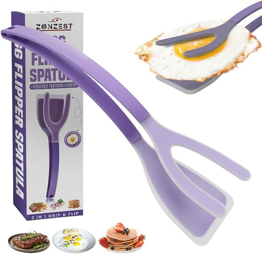 Silicone Egg Flipper Spatula Tongs (Set of 1) – Non-Stick 2-in-1 Grip & Flip Kitchen Tongs for Pancakes, Fish, Eggs, and More – Heat Resistant Cooking Tool (Black) (Purple)