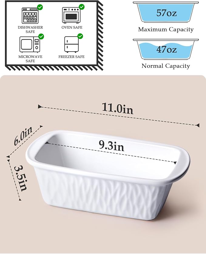 NUTRIUPS 9 x 6 Inch Rectangular Ceramic Loaf Pan for Baking Bread (White)