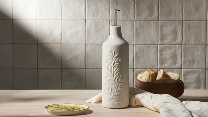 Le Creuset Stoneware Olive Branch Collection Oil Cruet, 20 oz., White