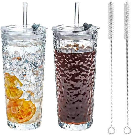 20oz Glass Tumblers with Lids and Straws - Stylish Vintage Ribbed Design for Iced Coffee, Juice, Smoothies, Milkshakes, Cold Beverages & Whiskey Cocktail Beer (Pure Bark - Texture)