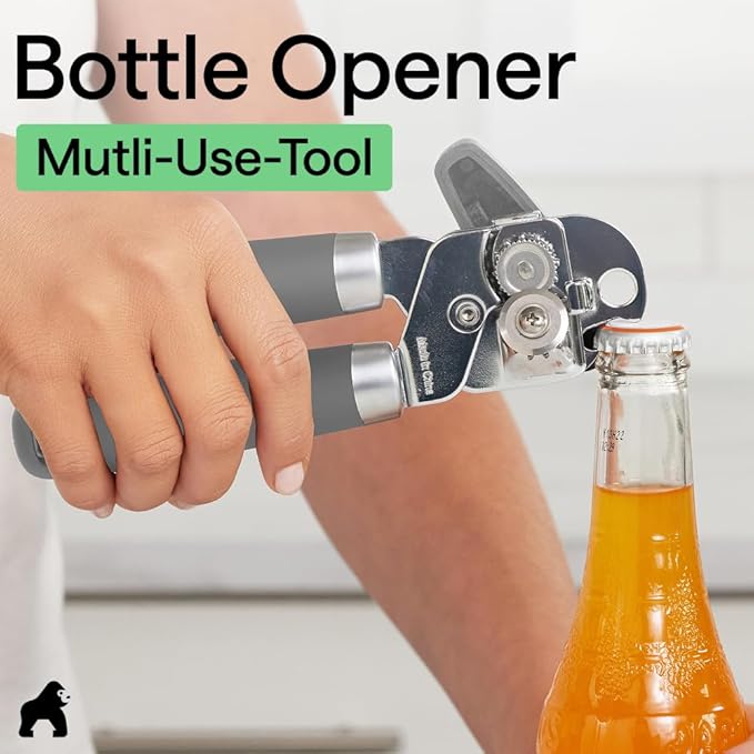 GORILLA GRIP Heavy Duty Stainless Steel Smooth Edge Manual Can Opener and Bottle Openers, Soft Comfortable Handle, Oversized Handheld Turn Knob, US Designed Multifunctional Kitchen Tool, Gray
