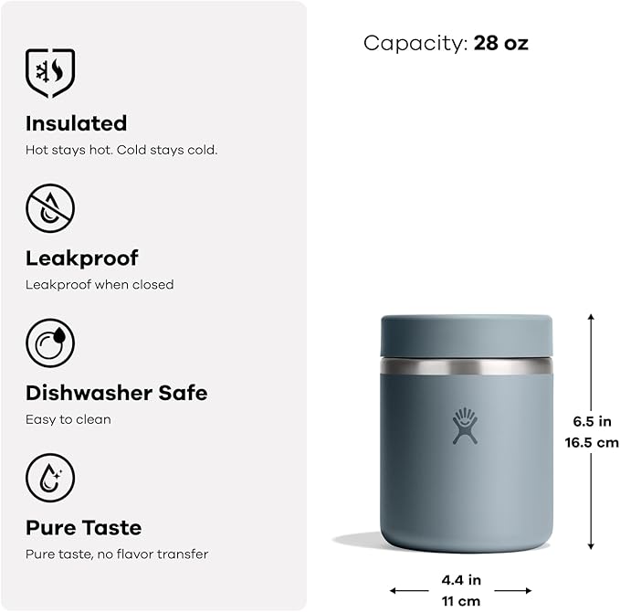 Hydro Flask Food Jar – Insulated Stainless Steel, Snack Travel Container for Hot Food & Soup 28 Oz Shale Gray