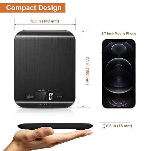 CROWNFUL Food Scale, 11 lb Digital Kitchen Scales with Built-in Coin Battery, Weight Ounces and Grams for Cooking and Baking, 6 Units with Tare Function, LCD Display, 304 Stainless Steel, Black