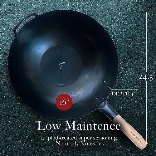 Large Flat Bottom 16-inch Traditional Carbon Steel Wok Pan - Authentic Hand Hammered Woks and Stir Fry Pans - Pow Wok with no chemical coating