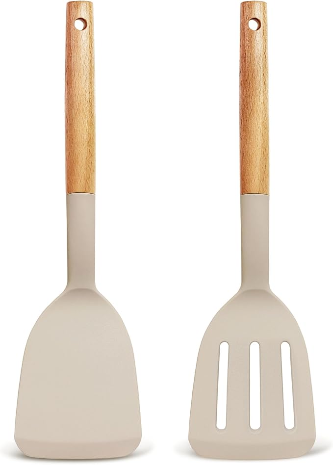Set of 2 Silicone Spatula Turner for Nonstick Cookware, 600°F Heat Resistant Solid Slotted Kitchen Spatula Set with Wooden Handle, Cooking Utensils Set for Egg, Pancake, Fish, Burger