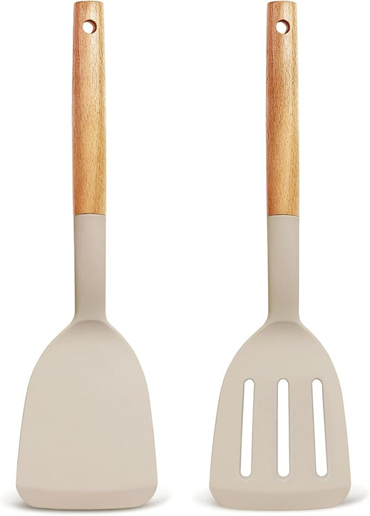 Set of 2 Silicone Spatula Turner for Nonstick Cookware, 600°F Heat Resistant Solid Slotted Kitchen Spatula Set with Wooden Handle, Cooking Utensils Set for Egg, Pancake, Fish, Burger