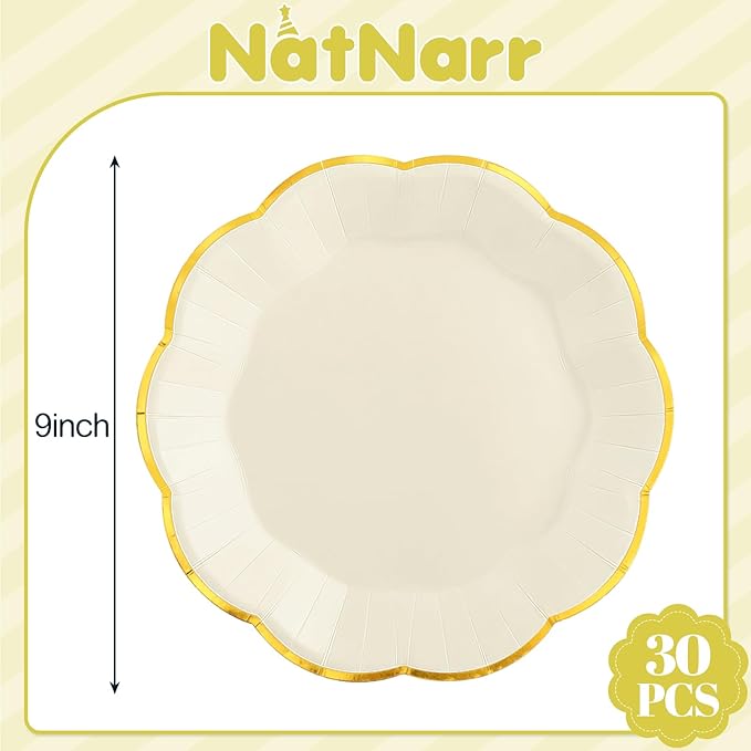 30 Pcs White and Gold Paper Plates, 9 Inch Cream Paper Plates Ivory Plate with Gold Trim Scalloped Wedding Plate for Baby Shower, Wedding, Birthday, Tea Party