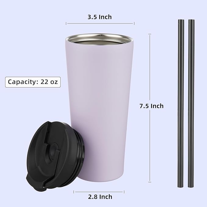 22 OZ Insulated Tumbler with Lid and 2 Straws Stainless Steel Water Bottle Vacuum Travel Mug Coffee Cup,Taro