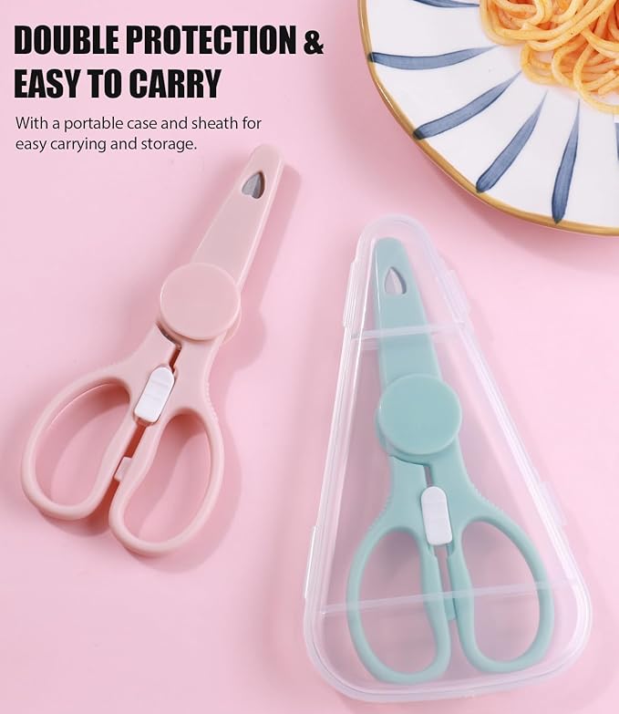 Baby Food Scissors Kicthen Shears -2-Pack Portable Healthy Cute Kids Scissors with Safety Lock and Storage Case - Ideal for Cutting Meat Chicken Vegetables and Fruits