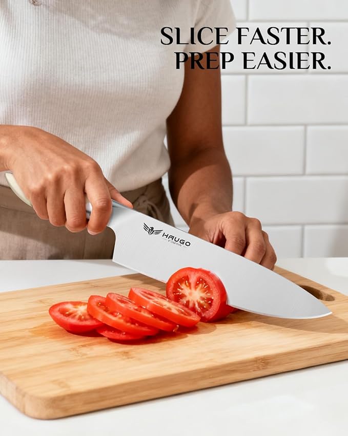 Kitchen Knife Set with Block: 14-Piece German Stainless Steel Full Tang Professional Knife - Comfortable Grip Reduces Hand Fatigue 30% - Dishwasher Safe & Sharpener - White Knife Set for Cooking