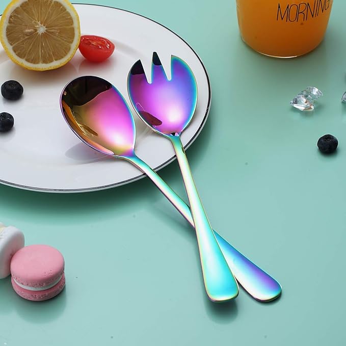 Rainbow Salad Server Set, Berglander Stainless Steel Salad Serving Set With Titanium Colorful Plating, Salad Servers, Salad Spoon, Salad Fork, Pack of 2 (Shiny Rainbow)