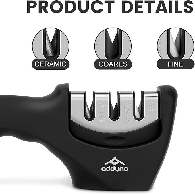 Knife Sharpener with Angle Guide, Adjustable Edge,3-Stage Coarse–Sharpen–Fine, Non-Slip Base & Ergonomic Handle for Kitchen Knives