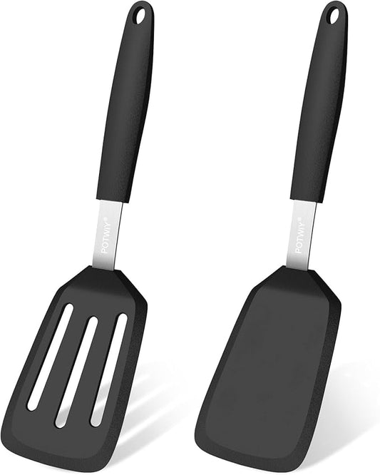2 Pack Silicone Spatula Set, 600°F Heat Resistant Kitchen Spatula, BPA Free Solid & Slotted Turner, Flexible Cooking Utensils for Non Stick Frying Pan, Flipper for Eggs and Pancakes (Black)