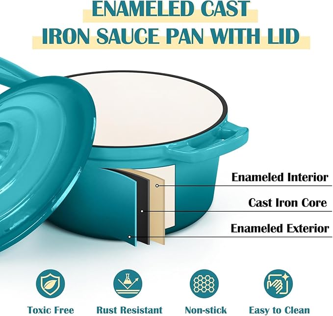 E-far Enameled Cast Iron Sauce Pan, 3 Quart Dutch Oven Saucepan with Lid, Small Sauce Pot for Cooking, Boiling, Healthy & Non Toxic, Induction & Oven Safe, Green