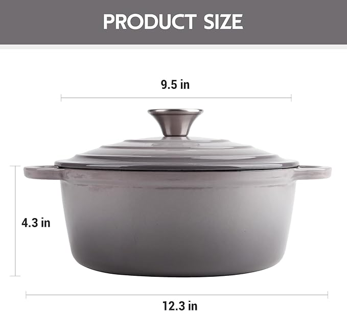 4 Quart Dutch Oven Enameled Cast Iron with Lid - Big Dual Handles - Oven Safe up to 500°F - Classic Round Pot for Versatile Cooking Light Gray