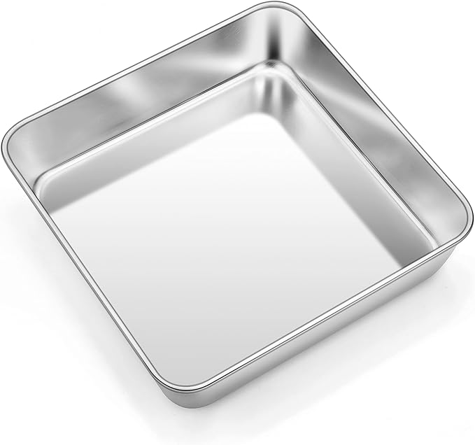 TeamFar 8 x 8 Inch Square Cake Pan, Square Baking Brownie Pan Stainless Steel for Wedding Christmas Party, Healthy & Non Toxic, Sturdy & Brushed Surface, Dishwasher Safe
