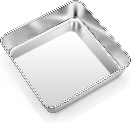 TeamFar 8 x 8 Inch Square Cake Pan, Square Baking Brownie Pan Stainless Steel for Wedding Christmas Party, Healthy & Non Toxic, Sturdy & Brushed Surface, Dishwasher Safe