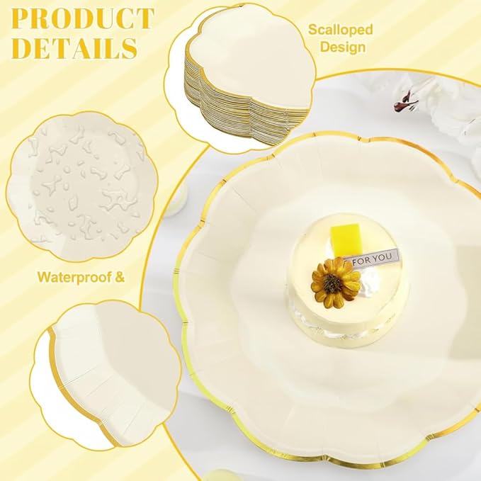 30 Pcs White and Gold Paper Plates, 7 Inch Cream Paper Plates Ivory Plate with Gold Trim Scalloped Wedding Plate for Baby Shower, Wedding, Birthday, Tea Party