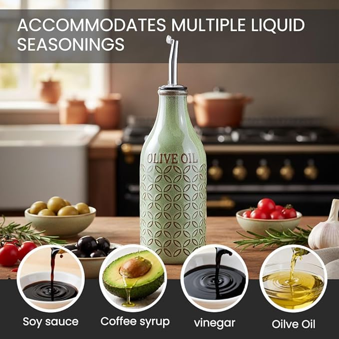 KXZ 19 oz Ceramic Olive Oil Dispenser Bottle for Kitchen, Large Capacity Oli and Vinegar Cruet with Stainless Steel Spout, 540 ml Oil Container with Handle for Cooking Preventing, Vinegar Cruet