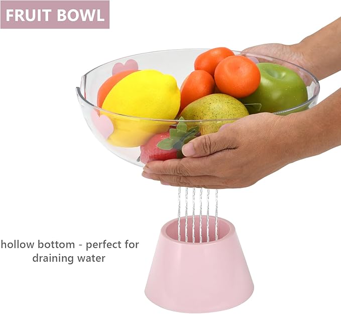 Candy Bowl with Pedestal Base, Decorative Clear Plastic Bowl with Cute Pattern for Candy, Fruit, Vegetable, Coffee Pods, 9.5x9.5x6 Inches (Pink)