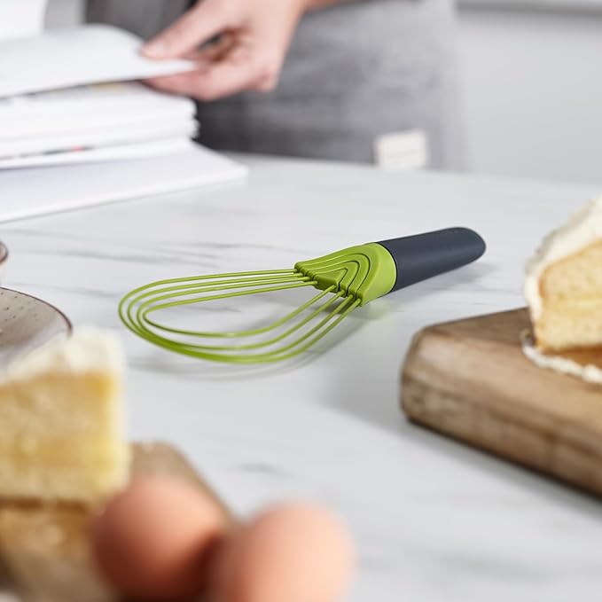 Joseph Joseph Twist Whisk 2-In-1 Collapsible Balloon and Flat Whisk Silicone Coated Steel Wire, Gray/Green