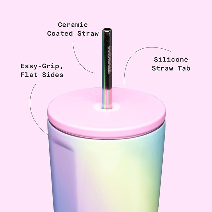Corkcicle Cold Cup Insulated Tumbler with Straw - Keeps Drinks Cold for 12 Hours - Triple-Insulated Stainless Steel - Leak-Resistant Lid - Summer Drinkware Gift - 24 oz - Rainbow Unicorn