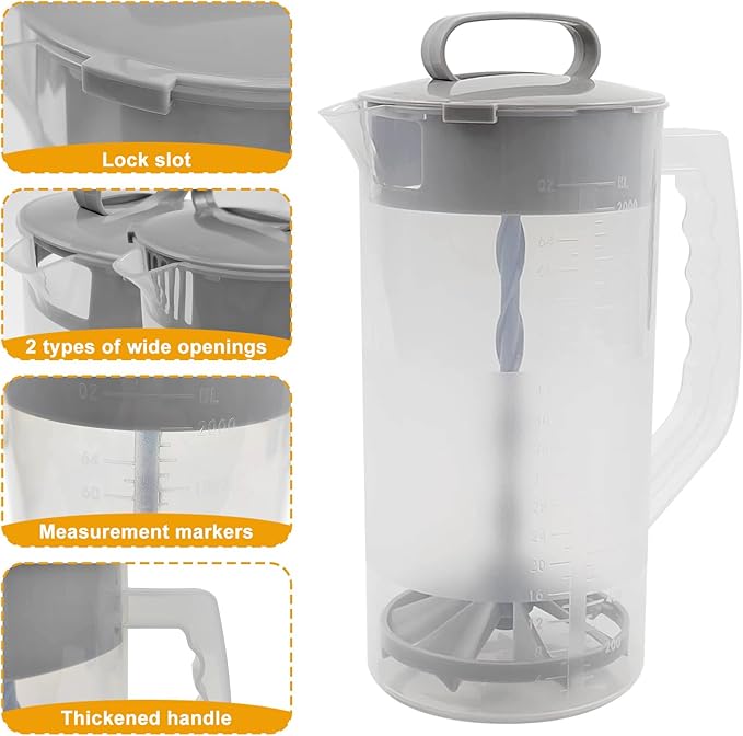1 Pack Mixing Pitcher for Drinks 2 Quart/ 64oz Plastic Water Pitcher with Lid，Easy-Mix Juice Container，Angled Plastic Blades and Adjustable Mixer Plunger for Juice, Tea, Beverage Container