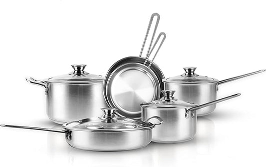 10-Piece Stainless Steel Pots and Pans Set, Induction Cookware Sets with Glass Lids, Professional Non-Toxic Cooking Set, Frying Pans & Saucepans, Dishwasher Safe, Oven Safe All Stovetops
