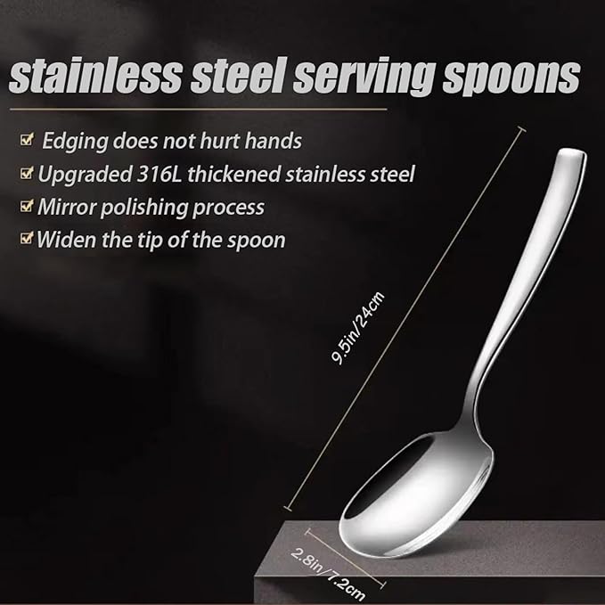 Premium 316L Stainless Steel Serving Spoons，Buffet Dinner Restaurant Serving Utensils, Catering Set for Party Banquet,9.5"L x 2.8"W