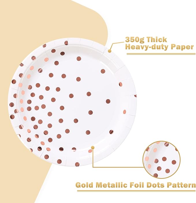 White and Rose Gold Party Supplies, Rose Golde Dot Paper Dessert Plates (50-Count)