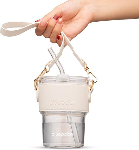 13oz/400ml Glass Water Tumbler with Straw and Lid Sealed Carry on Thick Wall Iced Coffee Cup for Water, Iced Tea, Fruit Juice (White with Sleeve and Strap)